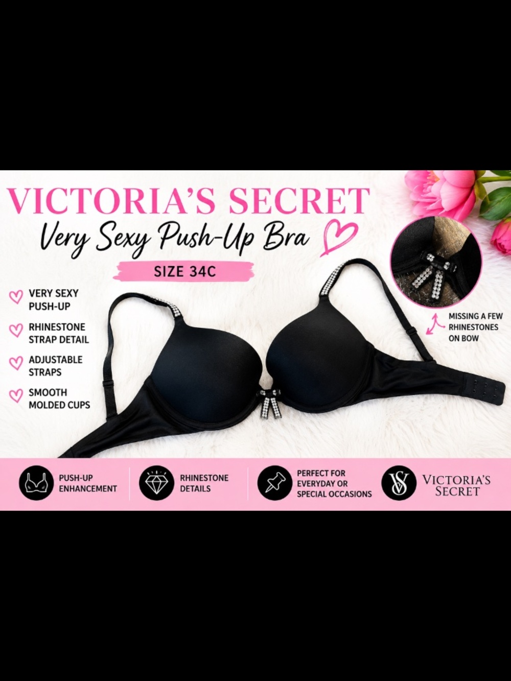 Victoria’s Secret Very Sexy Push-Up Bra Black Rhinestone Strap Detail 34C
